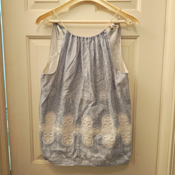 Y2K Studio M Pinstripe Tank w Lace Embroidery, Scoop Gathered Neck & Tie Back - Picture 1 of 11